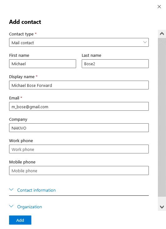 How to forward Office 365 to Gmail - entering contact information