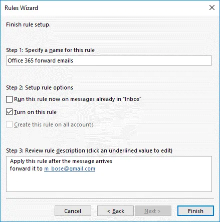 Office 365 forward emails – finishing the configuration of the rule