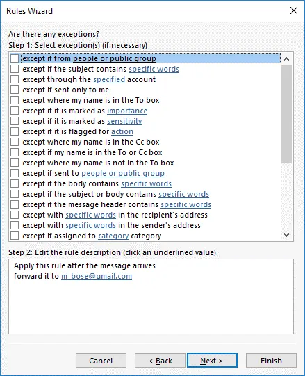 Office 365 how to forward email - exception settings for a forwarding rule in Outlook