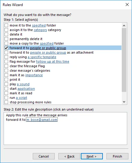 The destination email address is defined