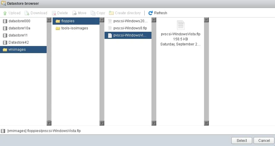 Datastore browser, .flp floppy images