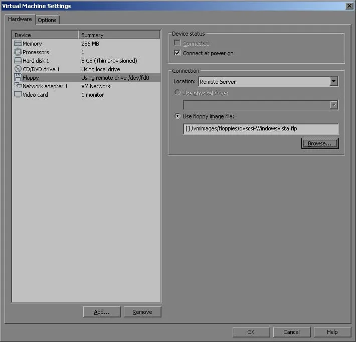 Virtual Machine Settings, Use Floppy Image