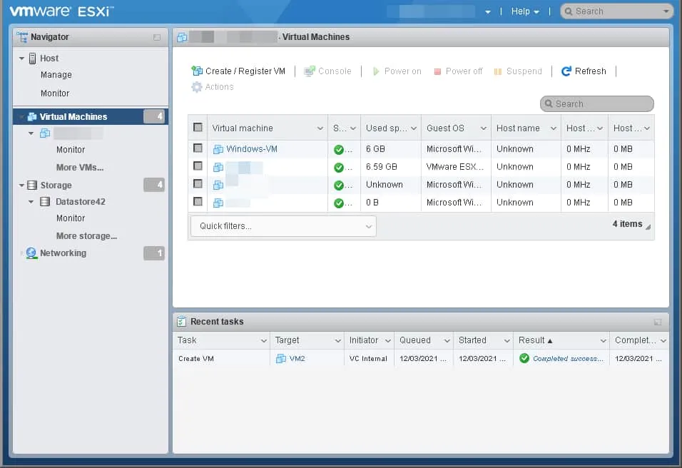 Virtual Machines tab in VMware ESXi Host Client