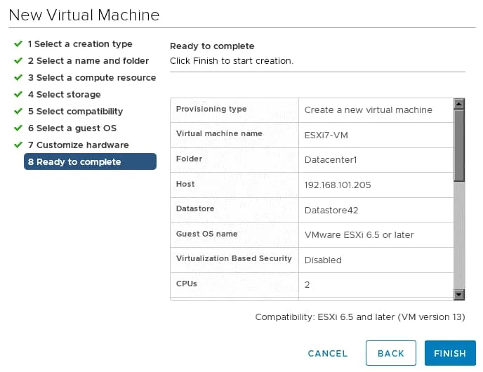 Checking configuration of the new ESXi VM created for testing VMware nested virtualization