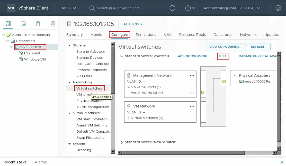 Configuring a virtual switch on a physical ESXi host to enable nested virtualization networking