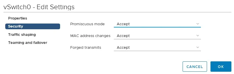 Enabling security features on a virtual switch for ESXi nested virtualization networking
