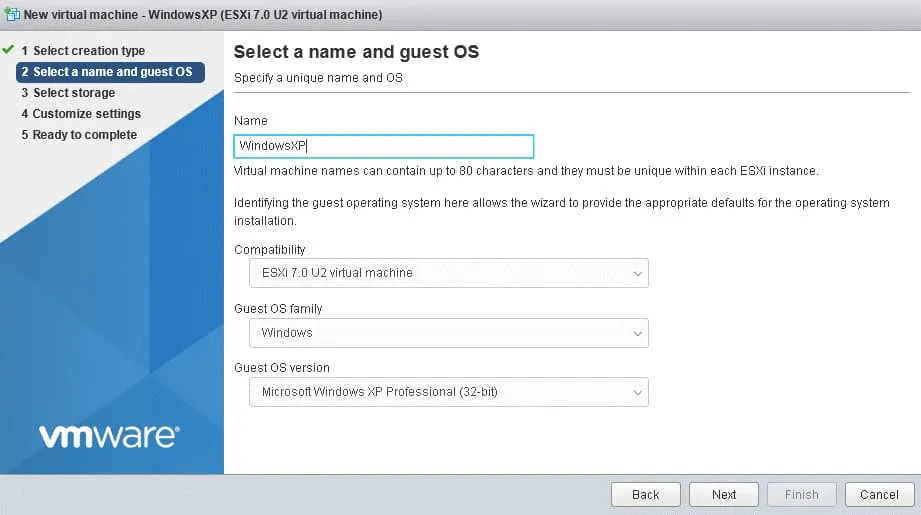 Entering a name for a nested VM and selecting VM options