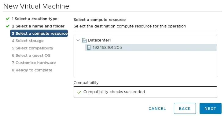 Selecting an ESXi host to run an ESXi 7 VM