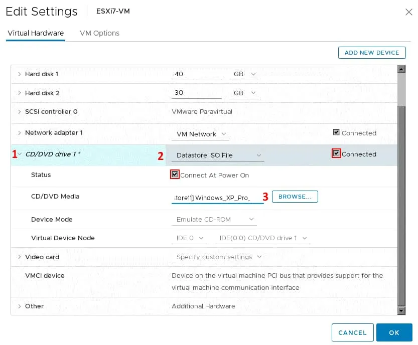 Selecting an ISO file to install a guest OS on a nested VM