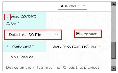 Selecting an ISO file to mount in a virtual DVD drive of the VM