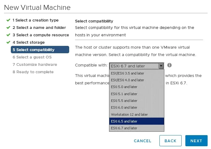 Selecting virtual hardware compatibility for a new VM