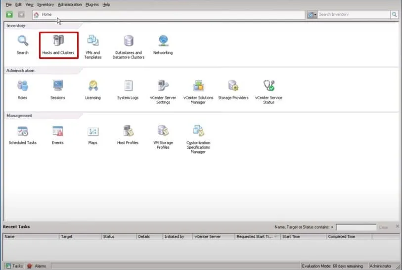Écran d'accueil de vSphere Client pour Windows