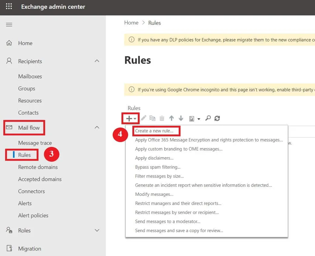 create new mail flow rule