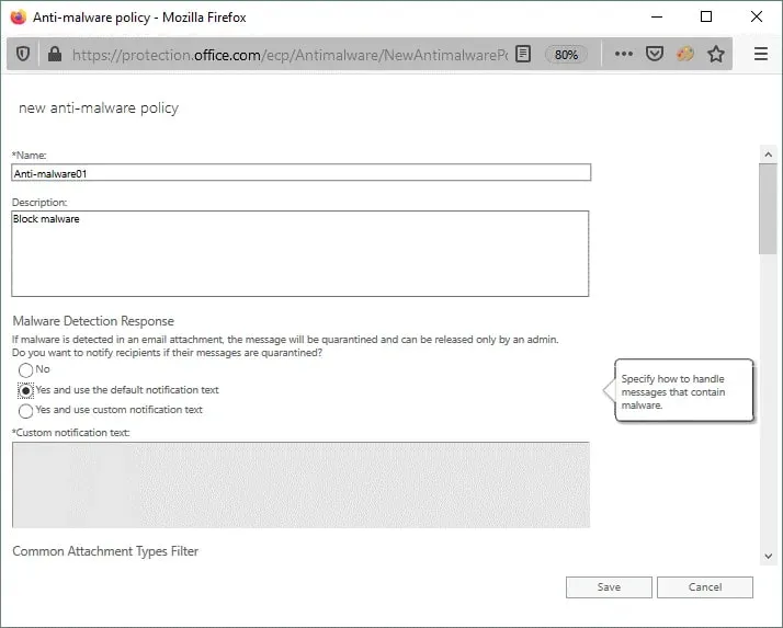 Configuring a new anti-malware policy