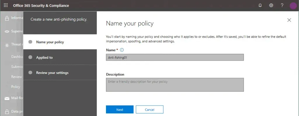 Entering a name for a new anti-phishing policy