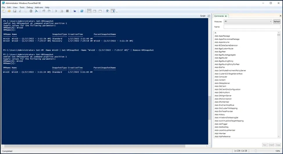 Deleting a recovery checkpoint from Windows PowerShell ISE