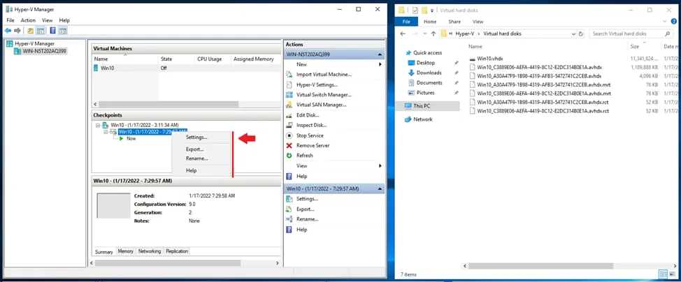 The delete option is unavailable in the Hyper-V Manager interface for a Hyper-V checkpoint