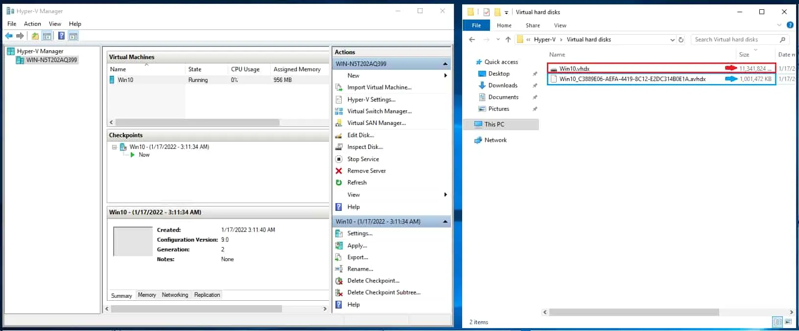 The deleted checkpoint’s .avhdx is merged automatically with another .avhdx