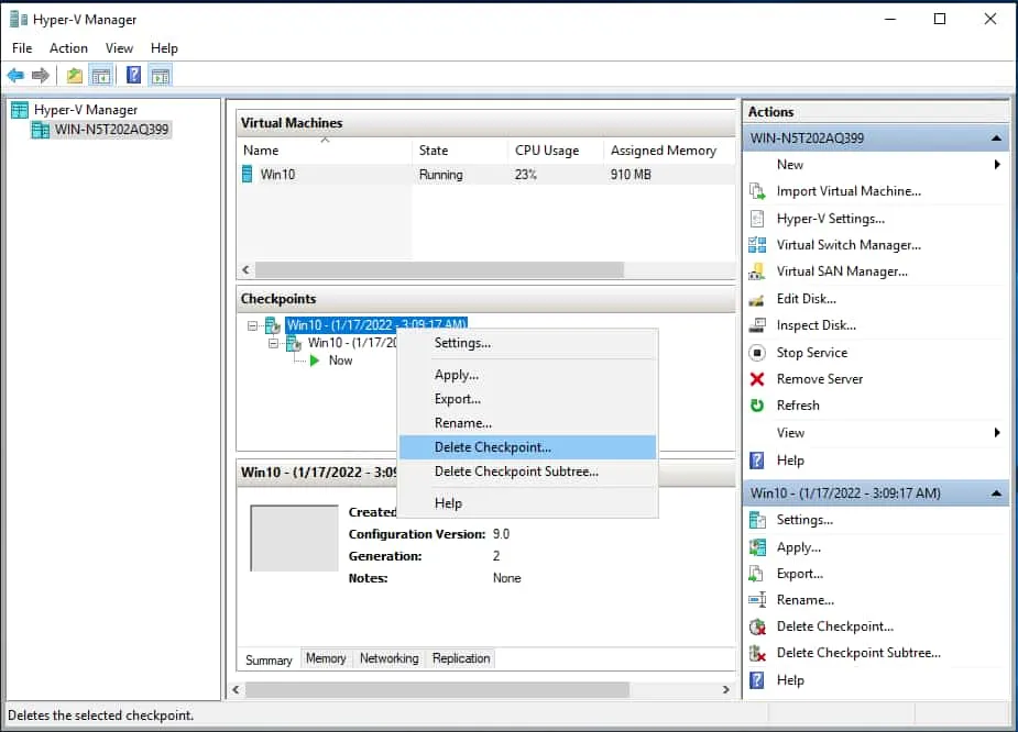 deleting a Hyper-V snapshot or checkpoint in Hyper-V Manager