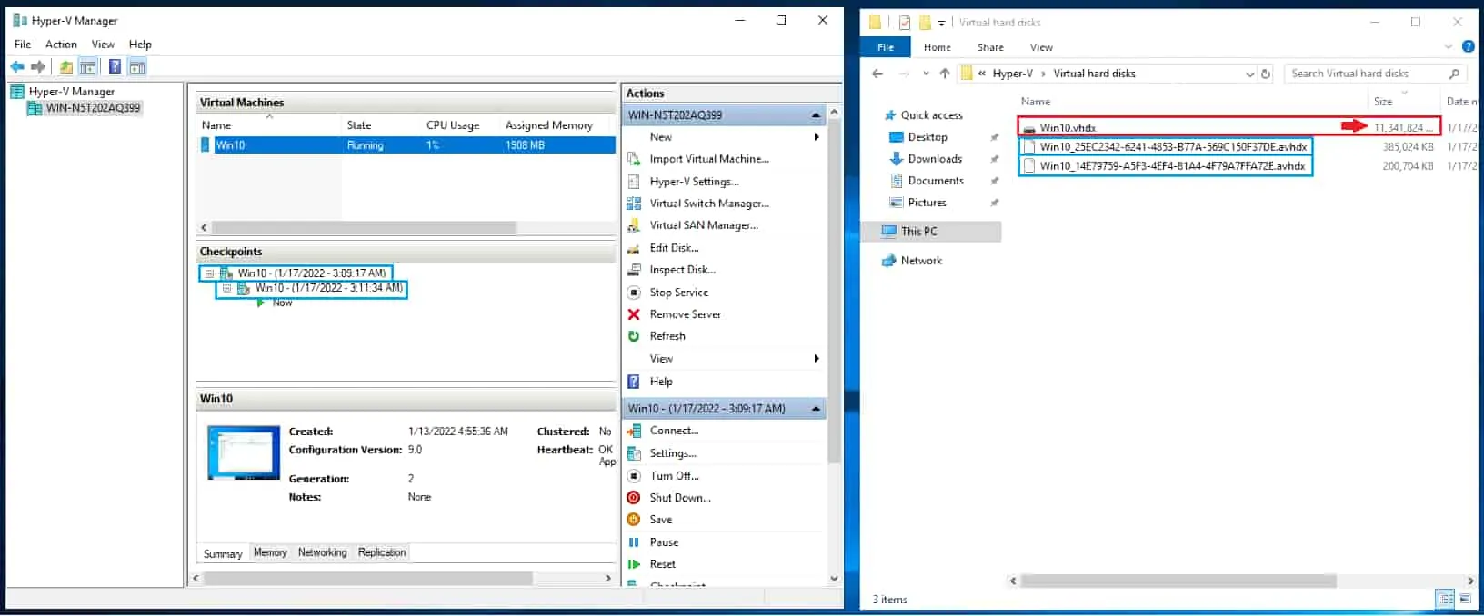 the VM files after creating two checkpoints