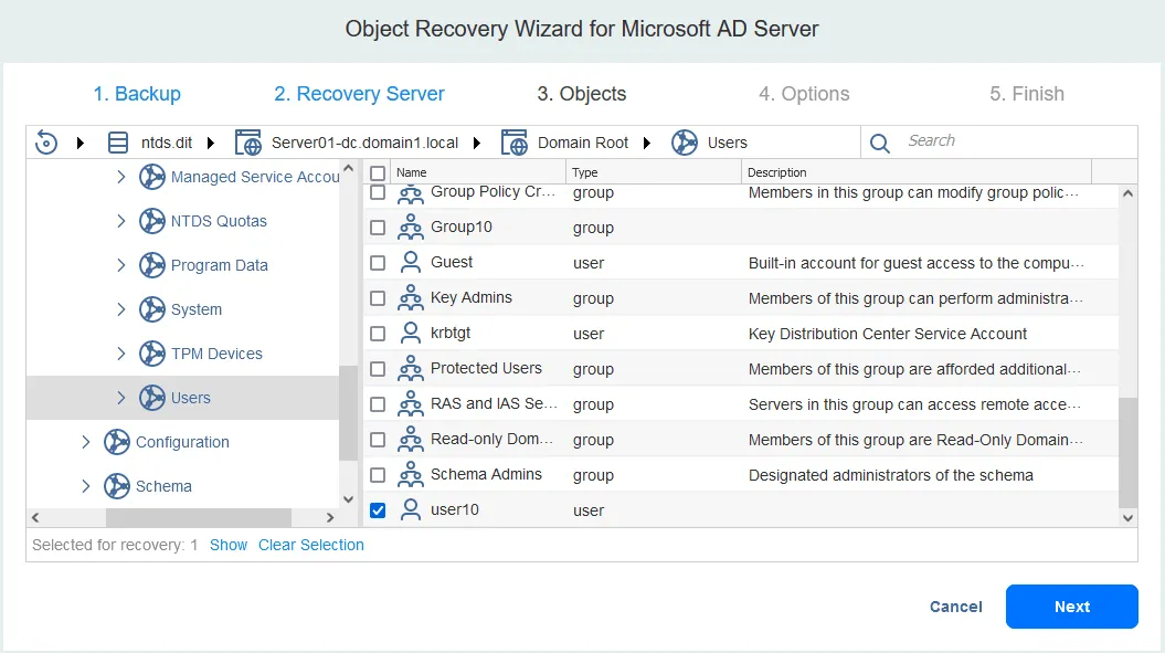 Active Directory restore deleted users (selecting users to restore)