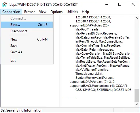 Binding to Active Directory in the LDP.exe tool