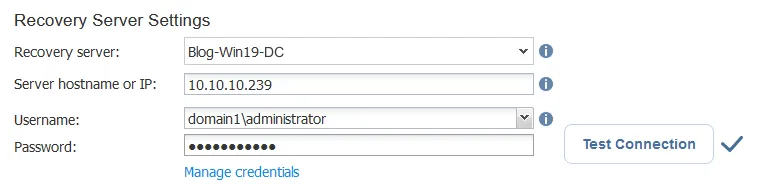 Configuring recovery server settings and testing the connection