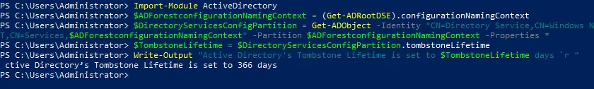 How to change tombstone lifetime for AD recovery in PowerShell