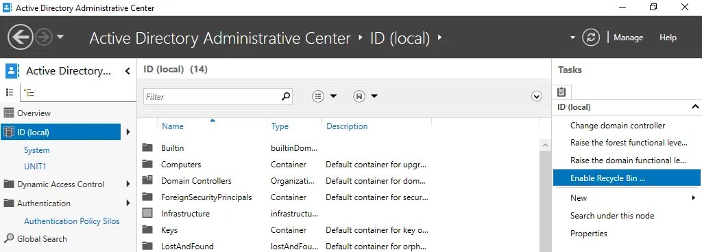 How to enable Active Directory Recycle Bin in the AD Administrative Center