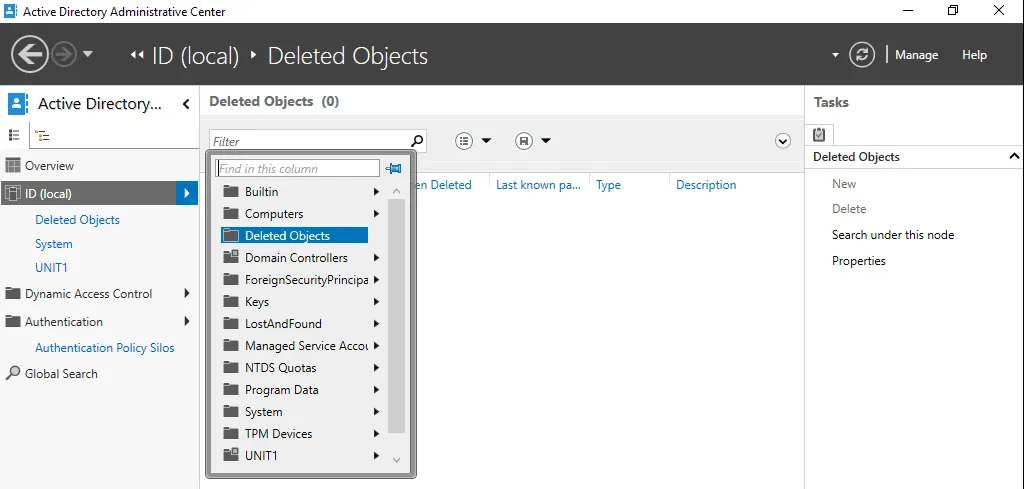 Locating an object to restore from AD Recycle Bin