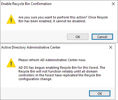 Refresh AD Administrative Center after you turn on AD Recycle Bin
