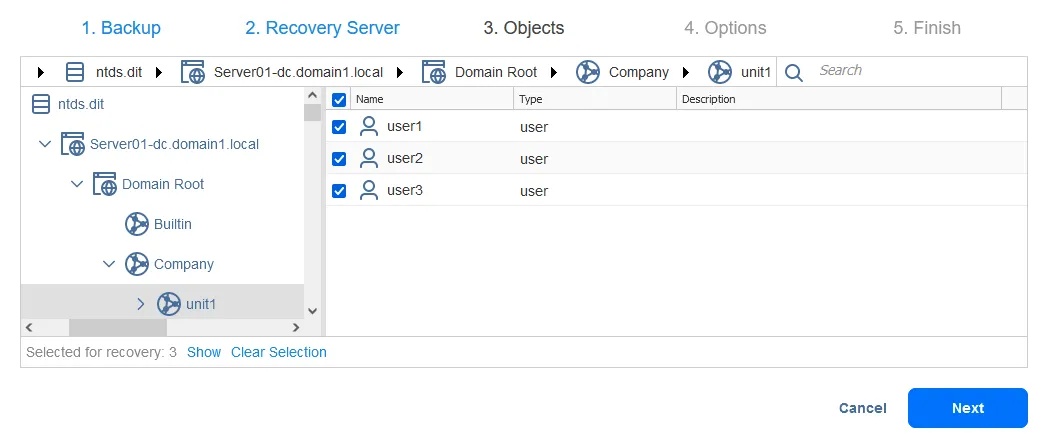 Select and restore deleted AD users