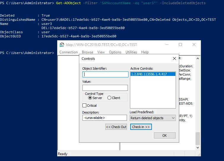 Selecting Return deleted objects in Controls to restore deleted AD objects