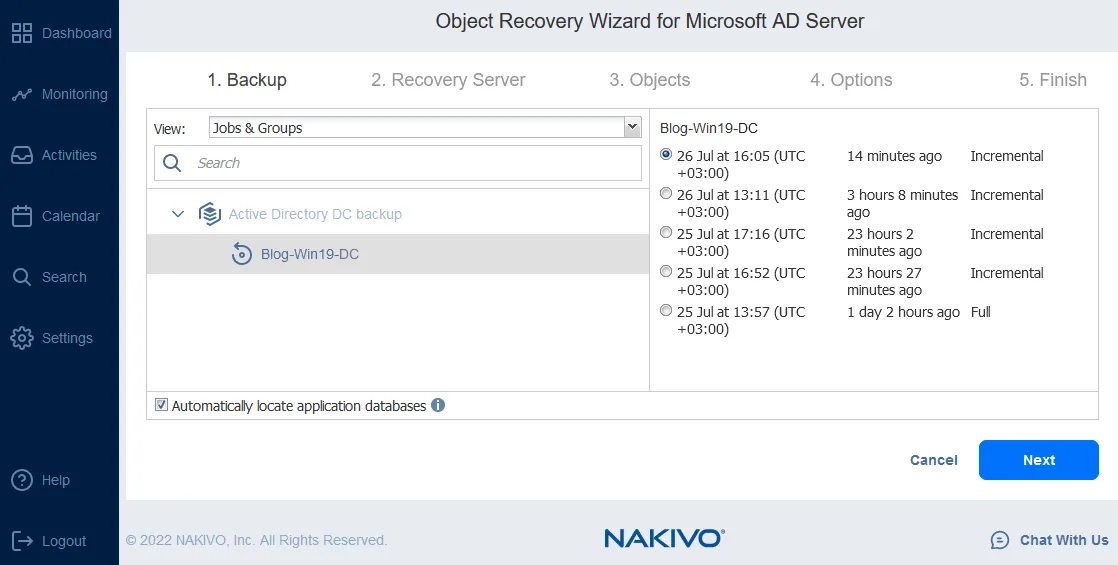 Selecting a backup and recovery point from which to recover Active Directory objects
