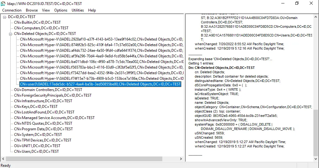 Selecting a deleted AD user in the window of the LDP tool