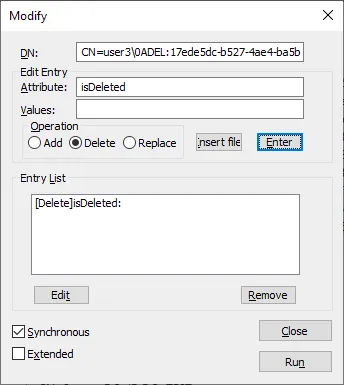 Selecting the isDeleted attribute to delete for the AD object we want to recover