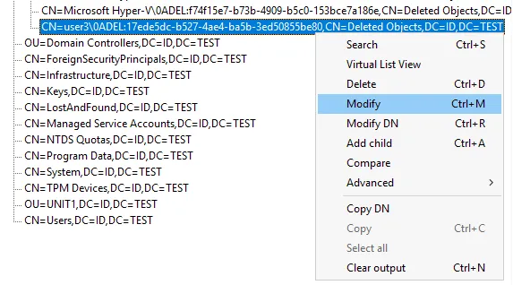 There is the need to modify some values to restore AD account in the Ldp tool