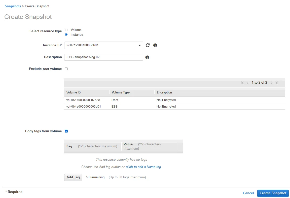 How to take snapshot in AWS for multiple EBS volumes