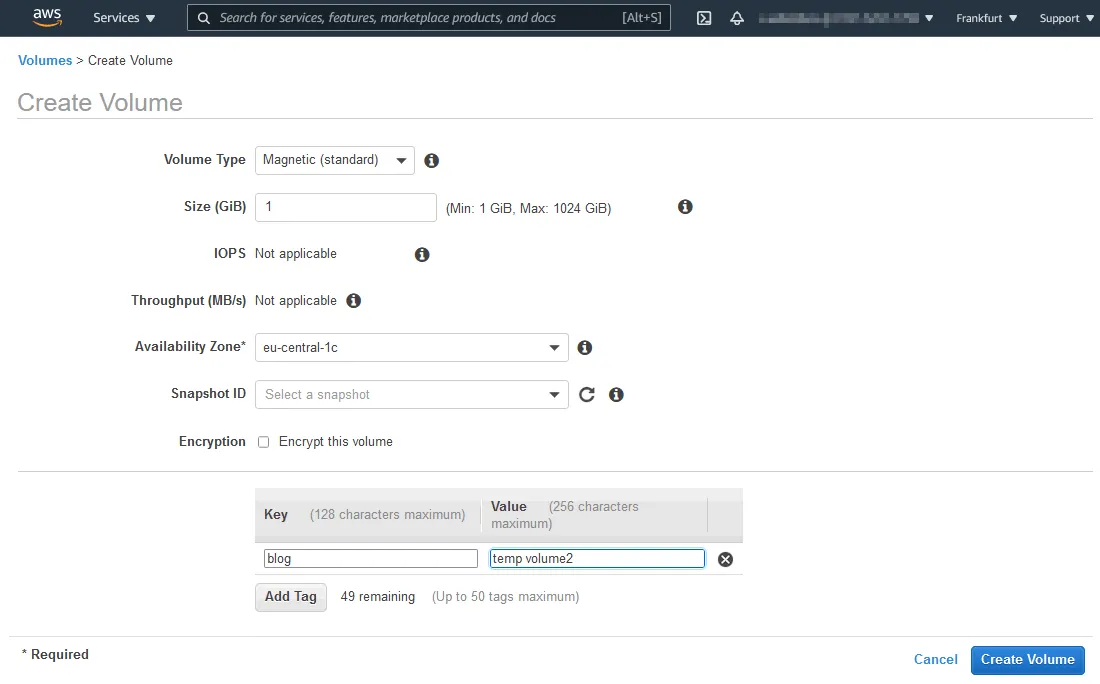 Options to create an EBS volume