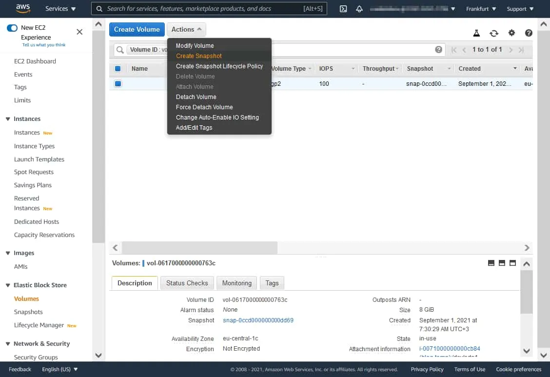 Selecting the Create Snapshot option in the Actions menu