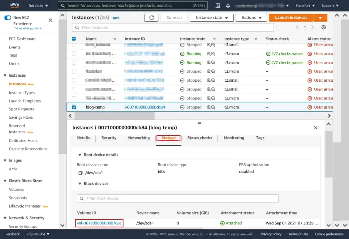 Selecting the EBS volume attached to the EC2 instance to create snapshot of EC2 instance