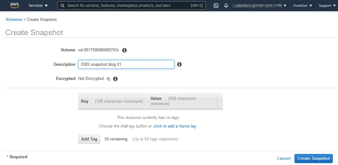 Setting description, encryption, and tags in the Create Snapshot window