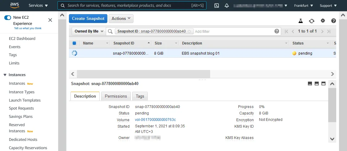 The create ebs snapshot process is in progress