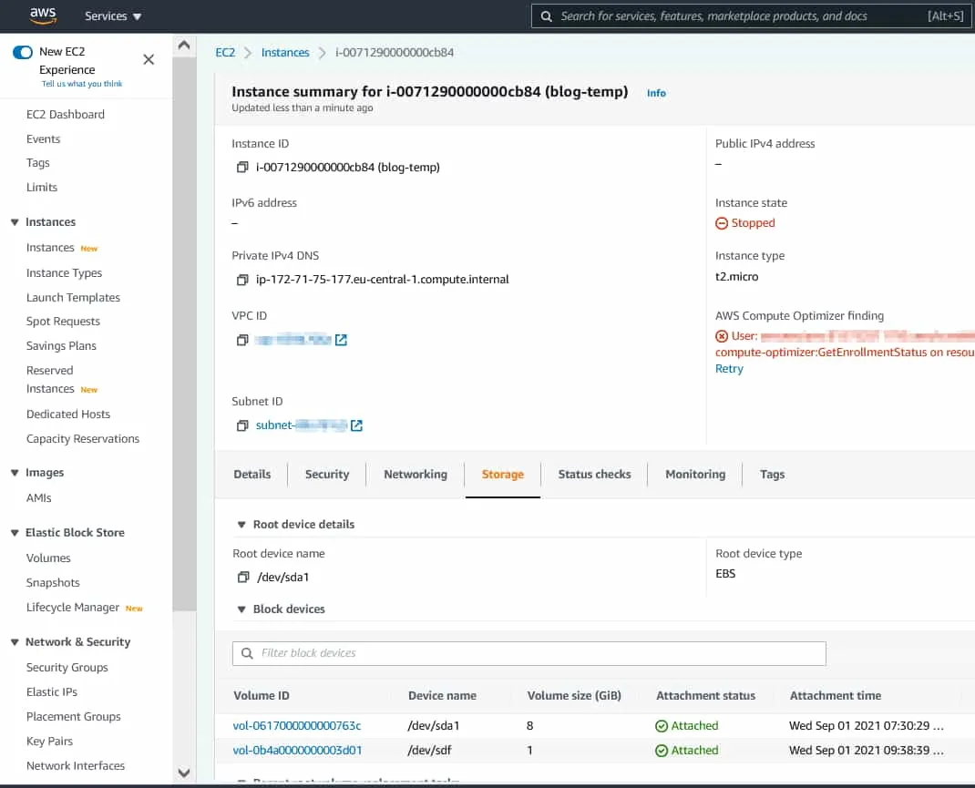 Two EBS volumes are attached to instance to create snapshot of EC2 instance