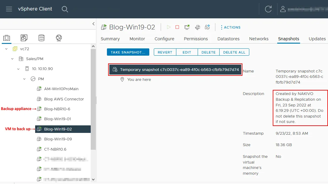 A temporary snapshot is created for a source VM for using disk HotAdd for VM backup