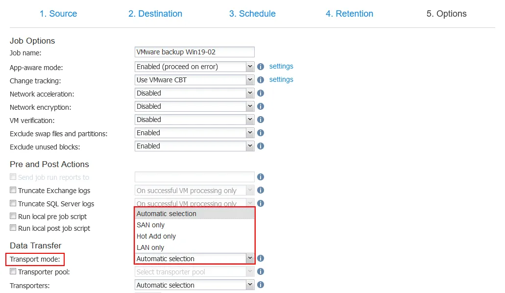 Selecting a transport mode for VMware VM backup