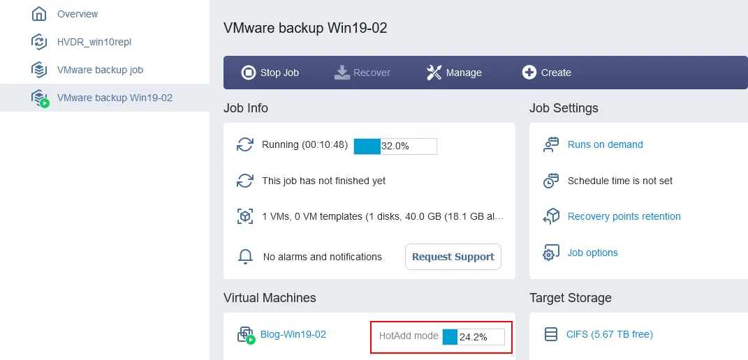 The HotAdd mode is used during a VM backup job