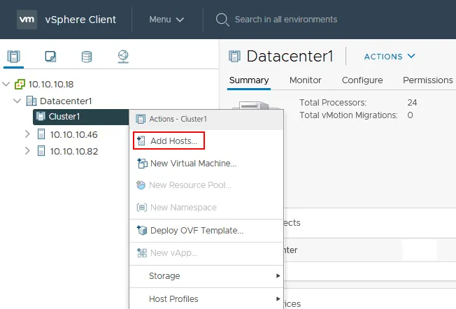 Adding hosts to the ESXi cluster