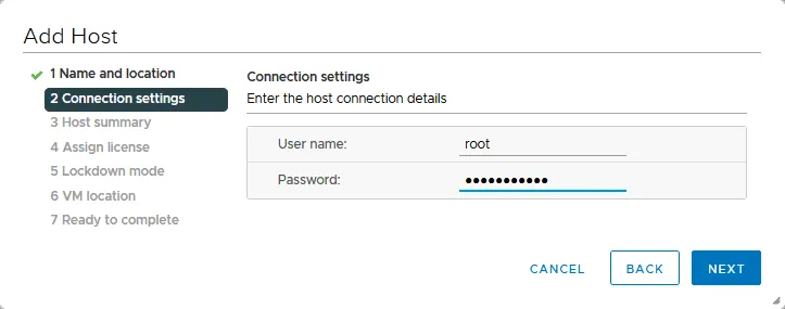 Entering the ESXi administrative credentials