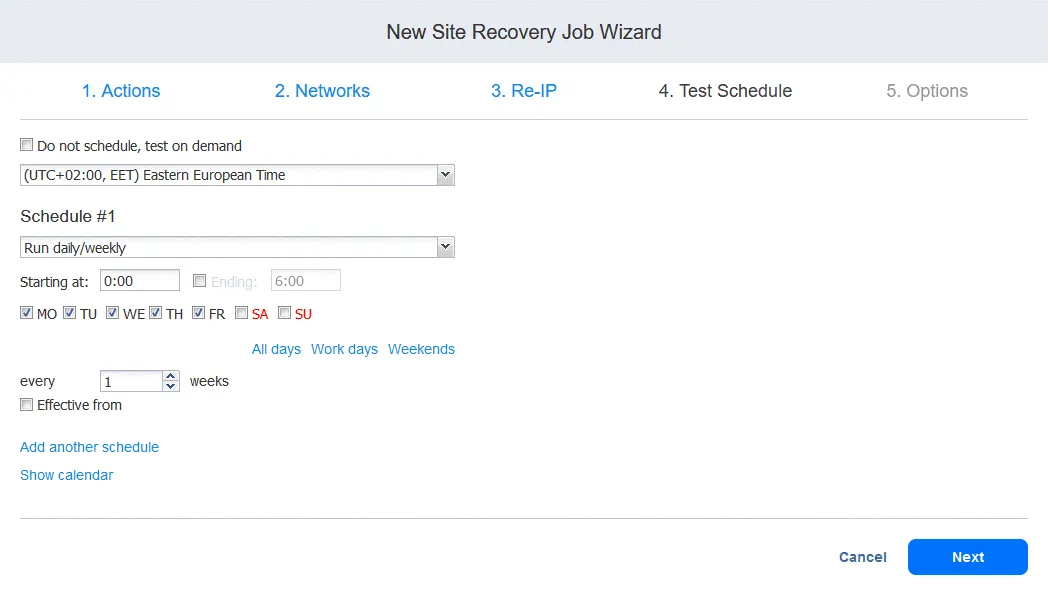 Configuring scheduling options for site recovery job testing